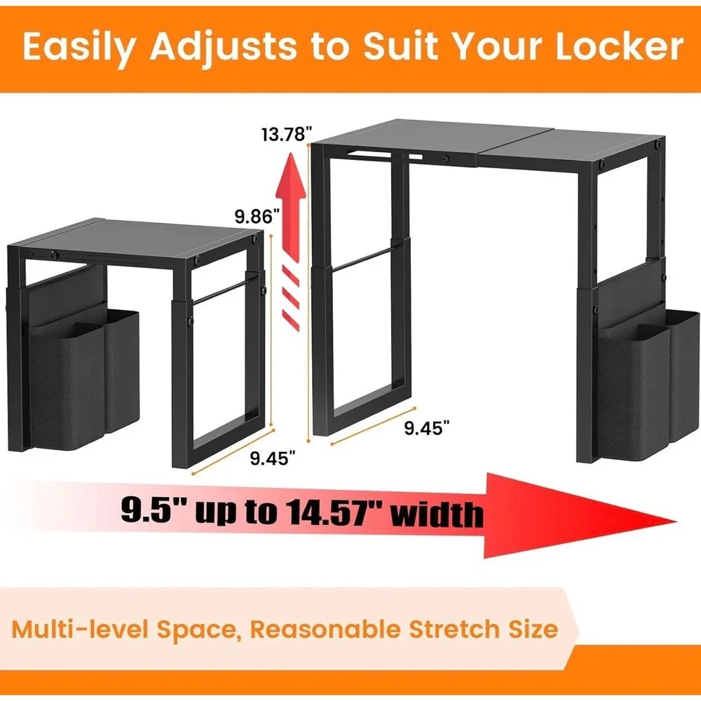 Adjustable Locker Shelf Organizer with Side Pockets Black Metal‎